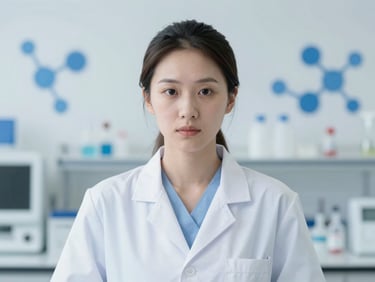 Professional portrait of a female molecular biologist in a clean lab coat, sterile lab background with subtle blue molecular patterns, crisp lighting, 50mm.