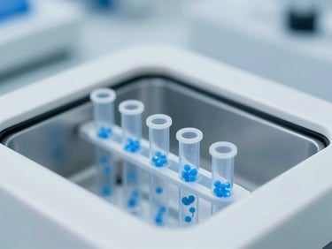 Close-up of a microcentrifuge tube containing magnetic separation columns with blue glowing particles, in a high-tech laboratory setting, crisp lighting.