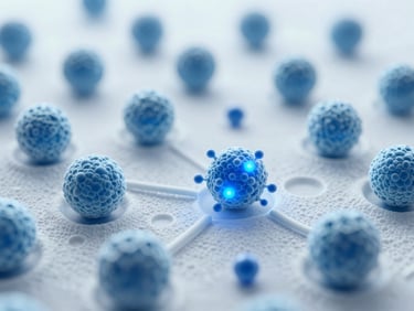 3D render of spherical magnetic nanoparticles binding to lipid-bilayer exosomes, with blue glowing particles, clean clinical photography, bright high-key laboratory lighting, sterile white and light-blue tones, macro depth of field, 50mm.