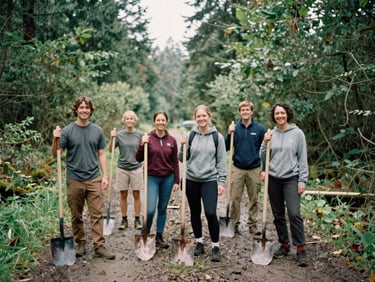 Smiling volunteers holding shovels and standing on a muddy trail, candid 35mm style, soft overcast daylight.