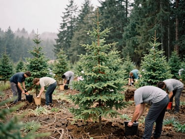 Volunteers planting young cedar trees in an open, misty forest clearing, soft overcast daylight, 35mm film style.