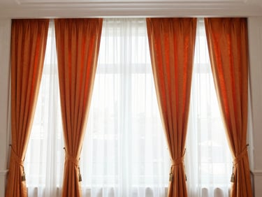Luxurious hotel suite with floor-to-ceiling custom drapery, elegant folds, natural light, high-end interior, 35mm