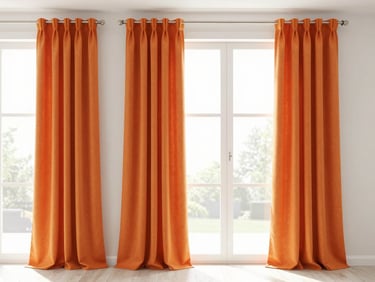 Bright modern living room with perfectly pleated orange custom curtains, natural window daylight, crisp architectural framing, 35mm