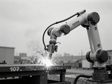 Desaturated editorial photograph of a robotic arm welding sheet metal, cool overcast daylight, sharp focus, 35mm film.