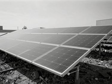 Desaturated editorial photograph of a commercial solar panel installation being serviced, cool overcast daylight, sharp focus, 35mm film.