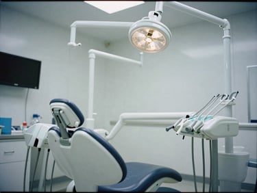 Desaturated editorial photograph of a sterile dental operatory, cool clinical lighting, sharp focus, 35mm film.