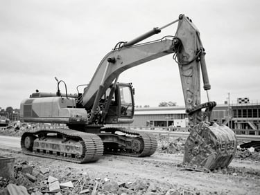 Desaturated editorial photograph of heavy machinery on a highway construction site, cool overcast daylight, sharp focus, 35mm film.