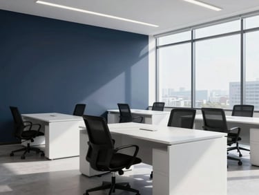 High-end minimalist corporate workspace with natural light filtering through large windows, clean desks, professional tone, 35mm
