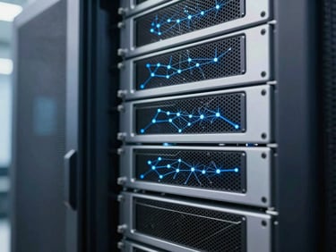 Macro details of modern server arrays, subtle blue network nodes glowing in a cool dark enterprise environment, 35mm