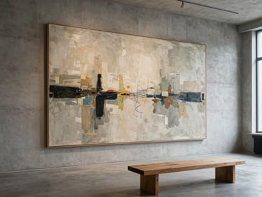 Wide-angle fine art photograph of a massive abstract painting hanging in a minimalist concrete interior, a single low oak bench nearby, dramatic soft window light.