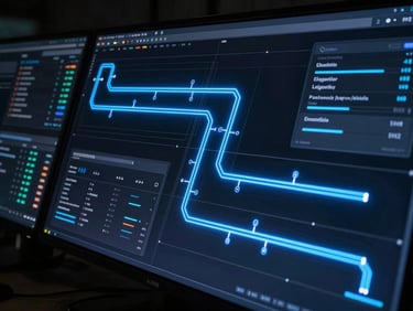 Wide cinematic view of a dark logistics control screen mockup, featuring glowing electric blue route lines and minimalist interface elements.