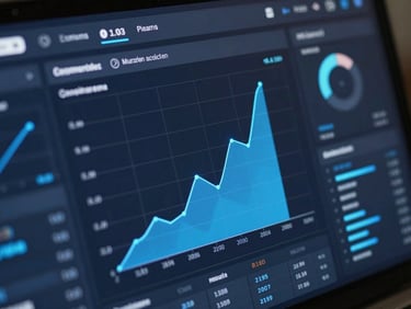 Extreme close-up of a high-fidelity business dashboard UI mockup on a dark screen, glowing electric blue analytical charts.