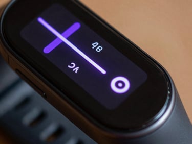 Extreme close-up of a mobile fitness tracker interface, displaying neon purple telemetry metrics on a deep black background.