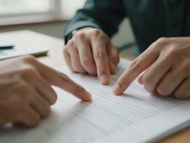 Macro close-up of hands pointing to structured data on a physical document during a collaborative session, soft natural side-lighting, 35mm film grain