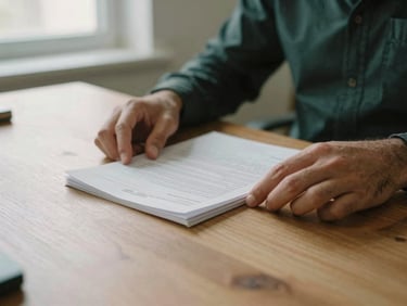 Close-up of hands organizing physical financial documents on a clean, architectural wooden desk, soft natural window light, muted earth tones