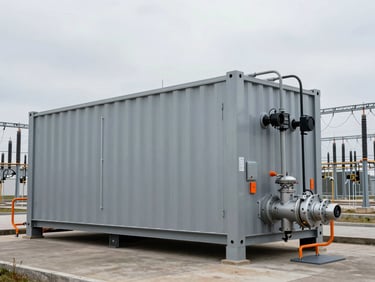 A large industrial containerized Battery Energy Storage System (BESS) installed at a modern utility substation, cool overcast day, steel gray metal panels, technical precision, 35mm camera.