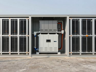 Detailed cutaway diagram of an industrial battery storage container, showing liquid-cooled battery racks, HVAC systems, and central inverter units, crisp technical render.