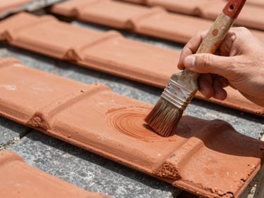 Close-up of a hand painting a terracotta roof tile with a brush, showing texture and detail, bright natural daylight, rich terracotta tones.