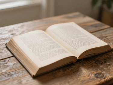 An open ancient book on a rustic wooden table, soft morning daylight, quiet contemplative mood.