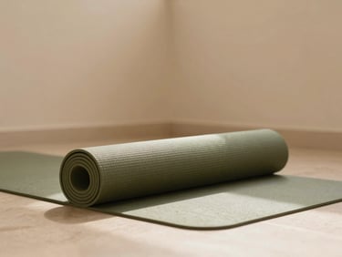 A single olive green yoga mat rolled up in a corner of a sunlit room, minimalist beige background.