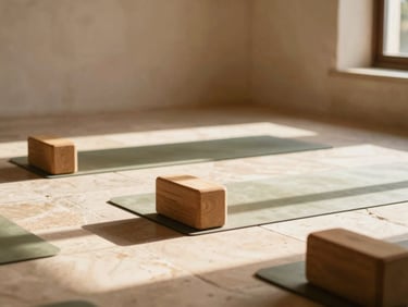 A quiet sunlit stone shala interior in Mallorca, warm daylight casting long shadows on wooden yoga blocks and clean cotton mats, minimalist atmosphere, warm editorial photography.