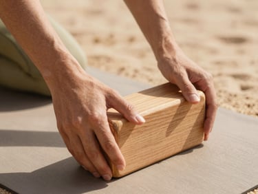 Close-up of hands adjusting a wooden yoga block under warm Mediterranean light, focus on alignment.