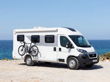 A premium modern motorhome parked on a scenic overlook next to the Mediterranean Sea, high-end road bicycles mounted on the back, sunny day, blue water background.