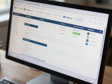 Close-up overhead of a monitor displaying a GoHighLevel CRM pipeline board with custom stages and automation triggers visible on screen, natural window light falling across the desk, keyboard partially in frame at the lower edge, no glare on the screen