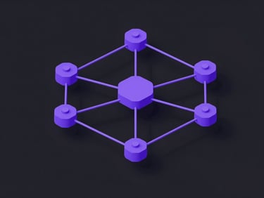 Isometric 3D render of interconnected communication nodes, clean vector lines, violet accents, high-contrast studio lighting