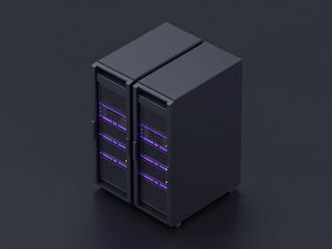 3d render, isometric view of a single pristine physical server rack, dark mode, sharp violet accents, high-contrast studio lighting