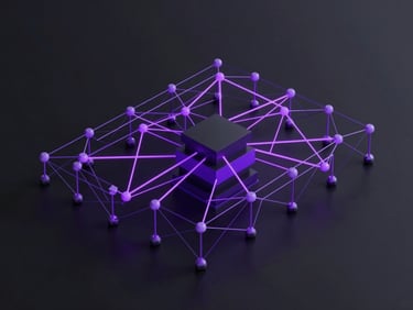 3d render, abstract geometric data nodes connected by glowing violet lines, dark mode, high-contrast studio lighting