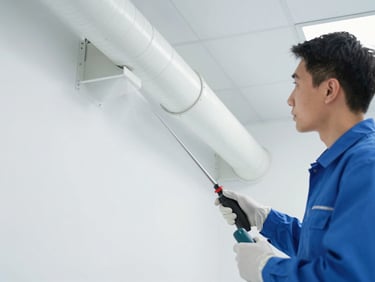 Professional technician in clean uniform spraying fine mist sanitization into a clean duct, crisp focus