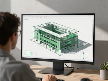 Over-the-shoulder view of an engineer analyzing a complex 3D thermodynamic building envelope model on a high-resolution technical screen.