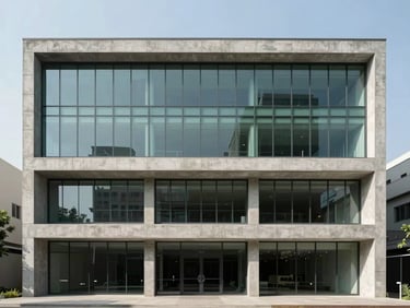 Wide architectural elevation of a modern concrete and glass commercial building in Noida, harsh realistic sunlight casting sharp diagonal shadows across the facade, 24mm lens