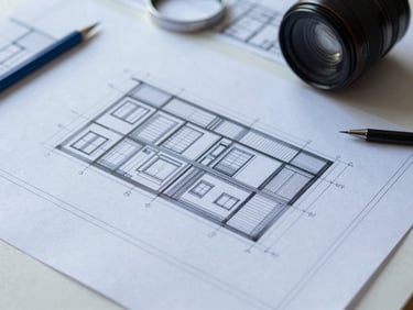 Detailed structural blueprint on a technical drawing table, architectural tools nearby
