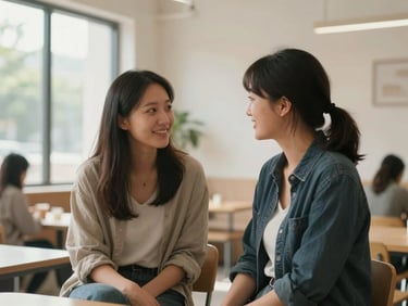 Candid medium shot of two women talking warmly in a sunlit community space, soft natural light from a side window, clean minimalist environment.
