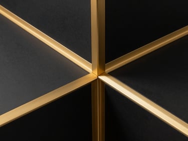 Detail shot of a luxury material intersection, brushed gold trim on matte black panel, sharp focus, high-contrast lighting, architectural photography