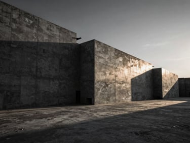 Ultra-wide shot of a massive concrete foundation being poured, dramatic low-angle sunlight casting deep shadows, high-contrast, matte black and silver tones.