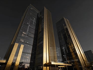 Abstract architectural blueprint overlayed with digital marketing analytics, metallic gold accents, high-contrast, modern, dark background