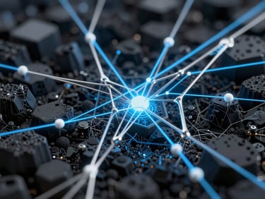 Macro perspective of a high-density 3D digital network, glowing electric blue and liquid silver lines intersecting on a deep obsidian background, sharp focus, technical schematic aesthetic.