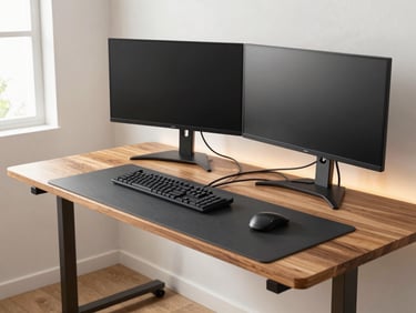 Detailed shot of a matte charcoal gaming desk setup, showing cable-routing channels, dual monitors, and a sturdy steel frame, ambient LED backlighting.