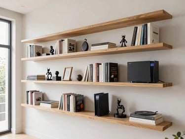 Styled wall-mounted shelves in light ash wood, holding books, gaming consoles, and personal collectibles, clean lines, natural window light.
