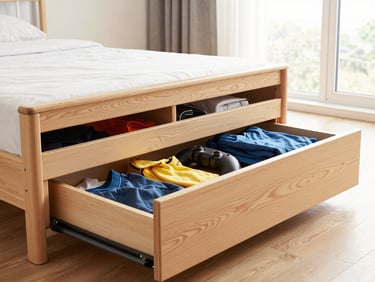 Close-up of a teen storage bed in light ash wood, showing a deep pull-out drawer filled with clothes and gaming accessories, structured design, natural light.