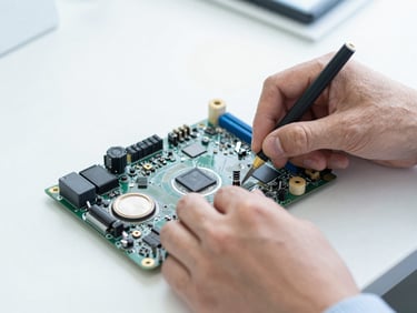 Close-up of a technician's hands carefully repairing a motherboard, bright natural office light, sharp focus, cool slate and blue tones