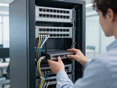 Clean server rack with organized cabling, a technician configuring a router in a modern office environment, bright natural office light, cool slate and blue tones