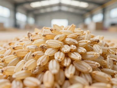 Macro close-up of golden parboiled rice grains, bright warehouse lighting, clean agricultural tones, 35mm lens