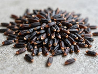 Macro close-up of mixed deep black and brown rice grains on a clean concrete surface, natural light, sharp focus