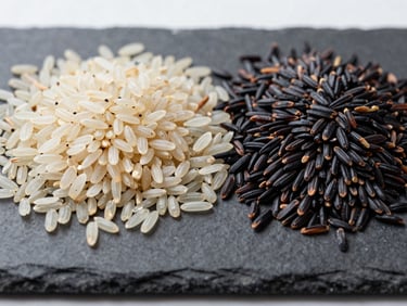 Macro photograph of sorted raw rice grains, Sona Masoori and black rice side by side on a dark slate surface, bright natural industrial lighting, sharp focus, 35mm.