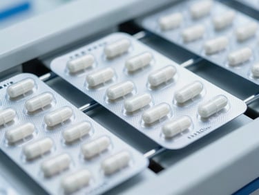 Automated blister packaging line sealing capsules into silver foil under bright clinical lighting.