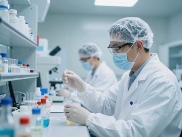 A scientist in a cleanroom suit analyzing liquid formulations in a high-tech laboratory under sterile blue-tinted light.